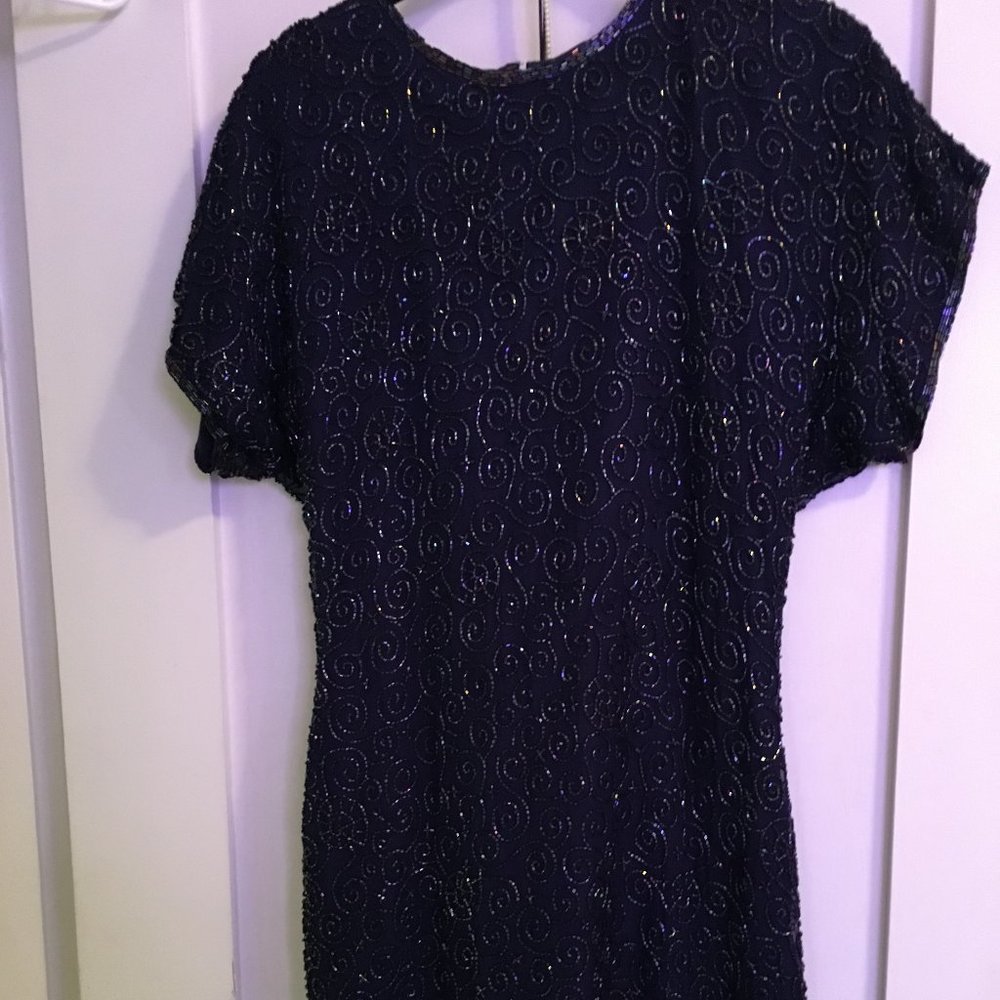 Navy blue silk beaded cocktail dress